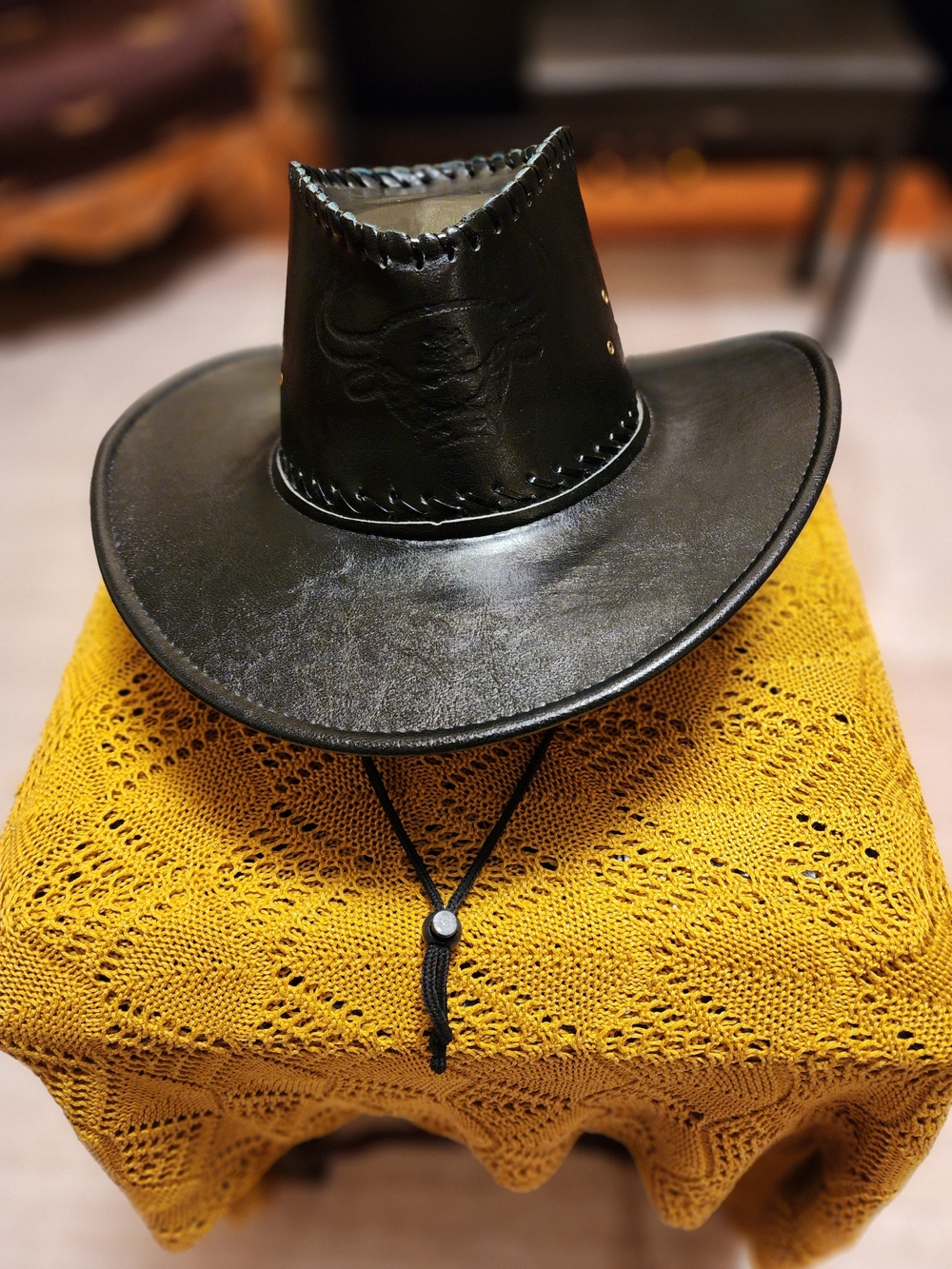 Unisex Black Leather Cowboy Hat with Chin Strap